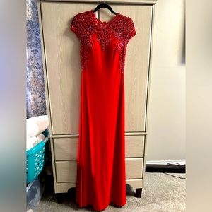Gorgeous Beaded Red Dress, Capped Sleeve, Long, Size 6